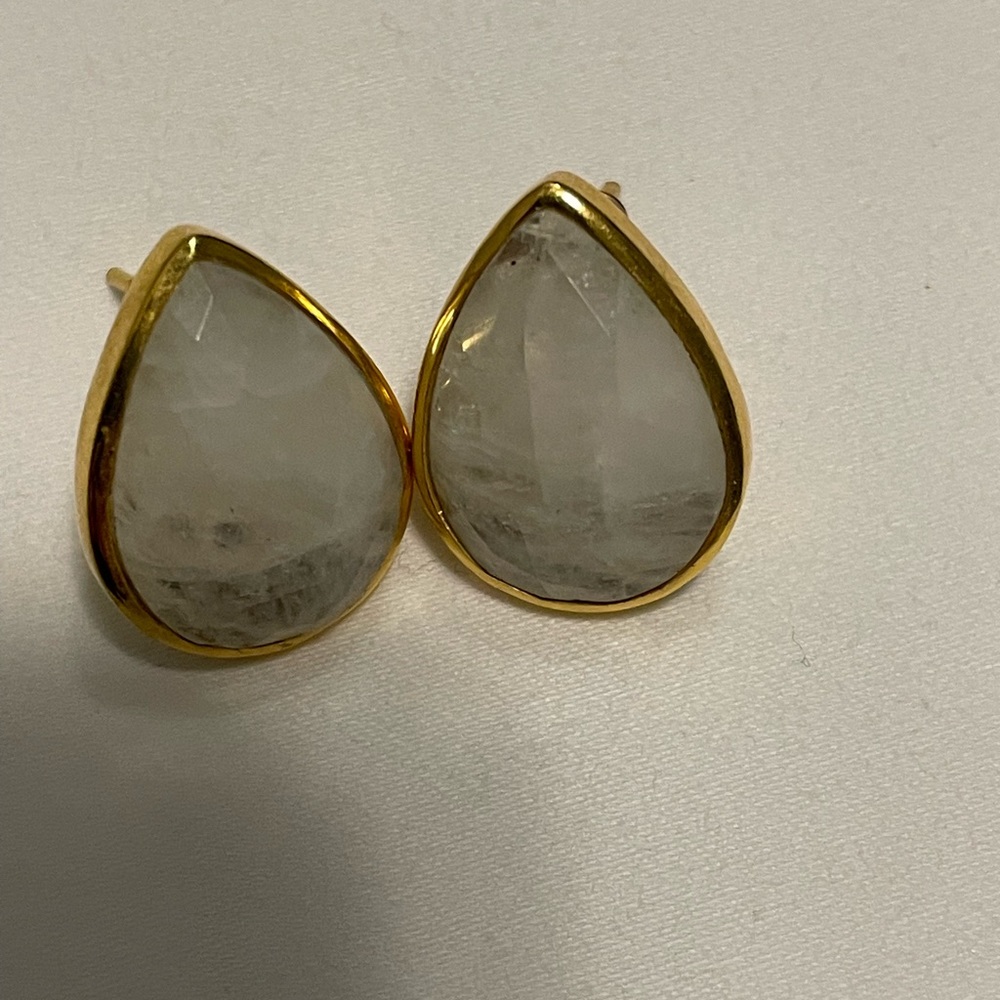Gold-Trim Teardrop White Stone Stud Earrings